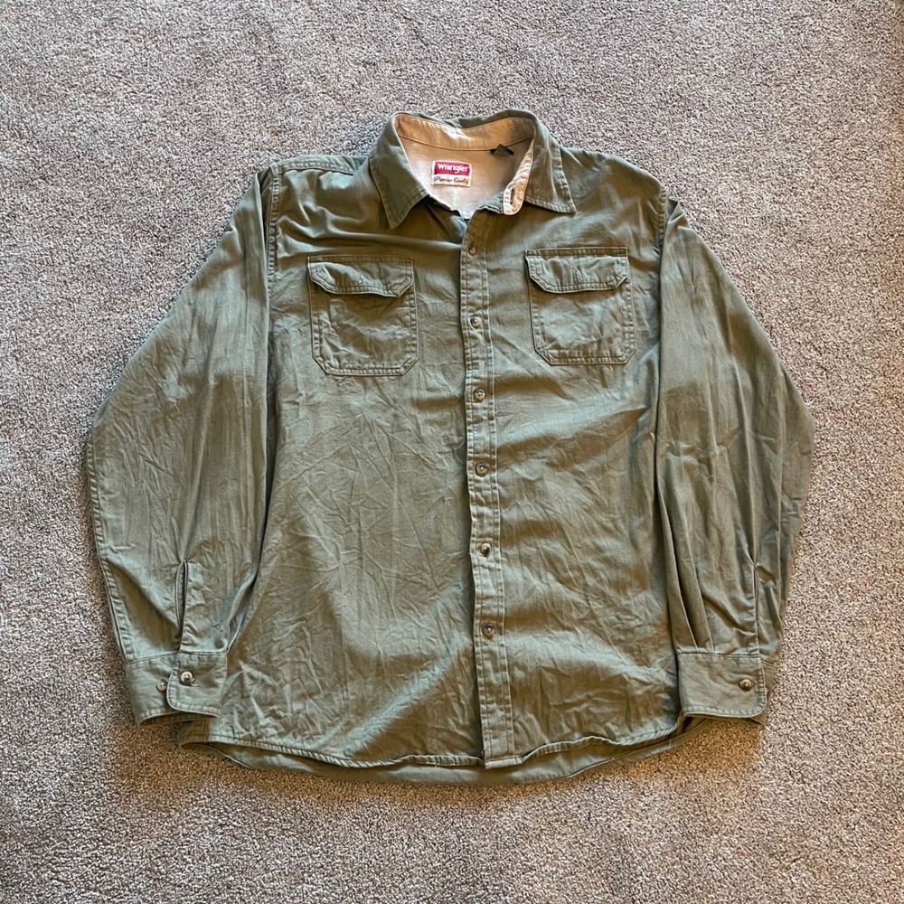 Mens Wrangler Button Down Shirt Large Green Excellent Long Sleeve Twill Utility